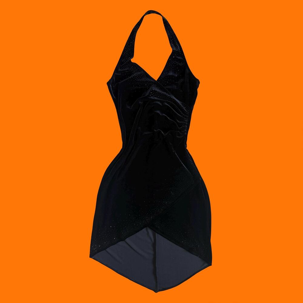 00's vintage black glittery velvet asymmetrical y2k halter dress L rampage